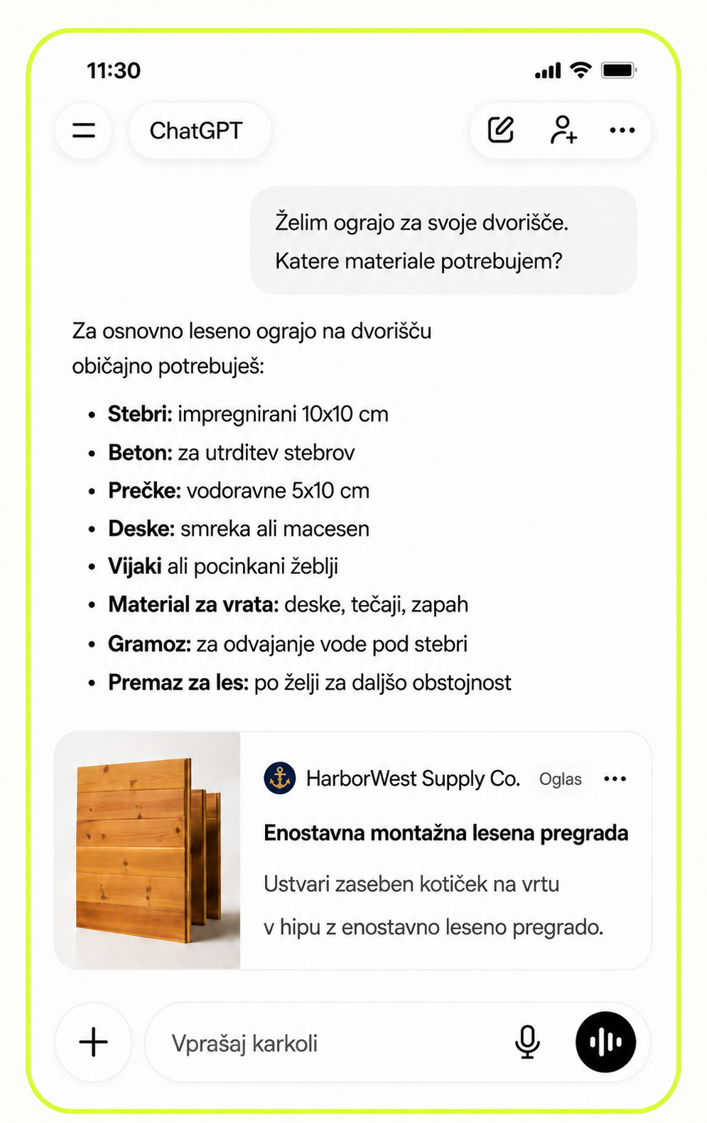 Oglas v ChatGPT pogovoru